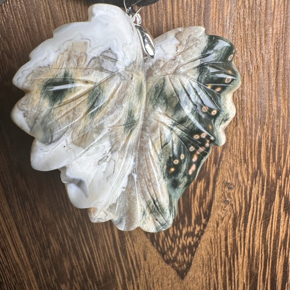 Ocean Jasper Leaf Pendant Necklace on Black Rope - Picture 7 of 10